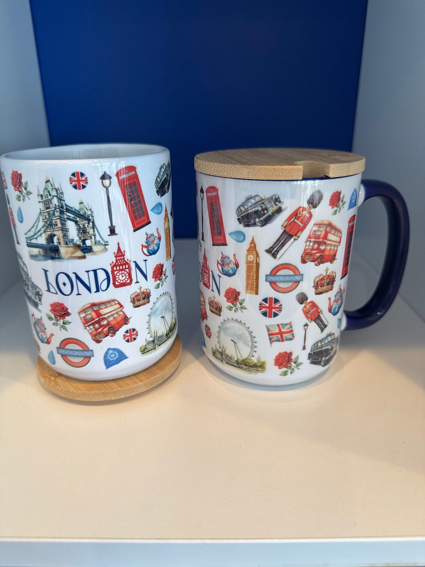 Mug 15oz. Custom Made London Icons (Underground, Taxi, Lampost etc)with wood lid or coaster.