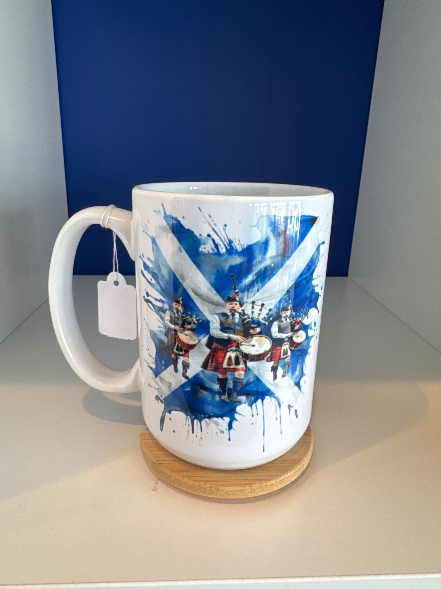 Mug 15oz. Custom Made Scottish Flag with Pipers.