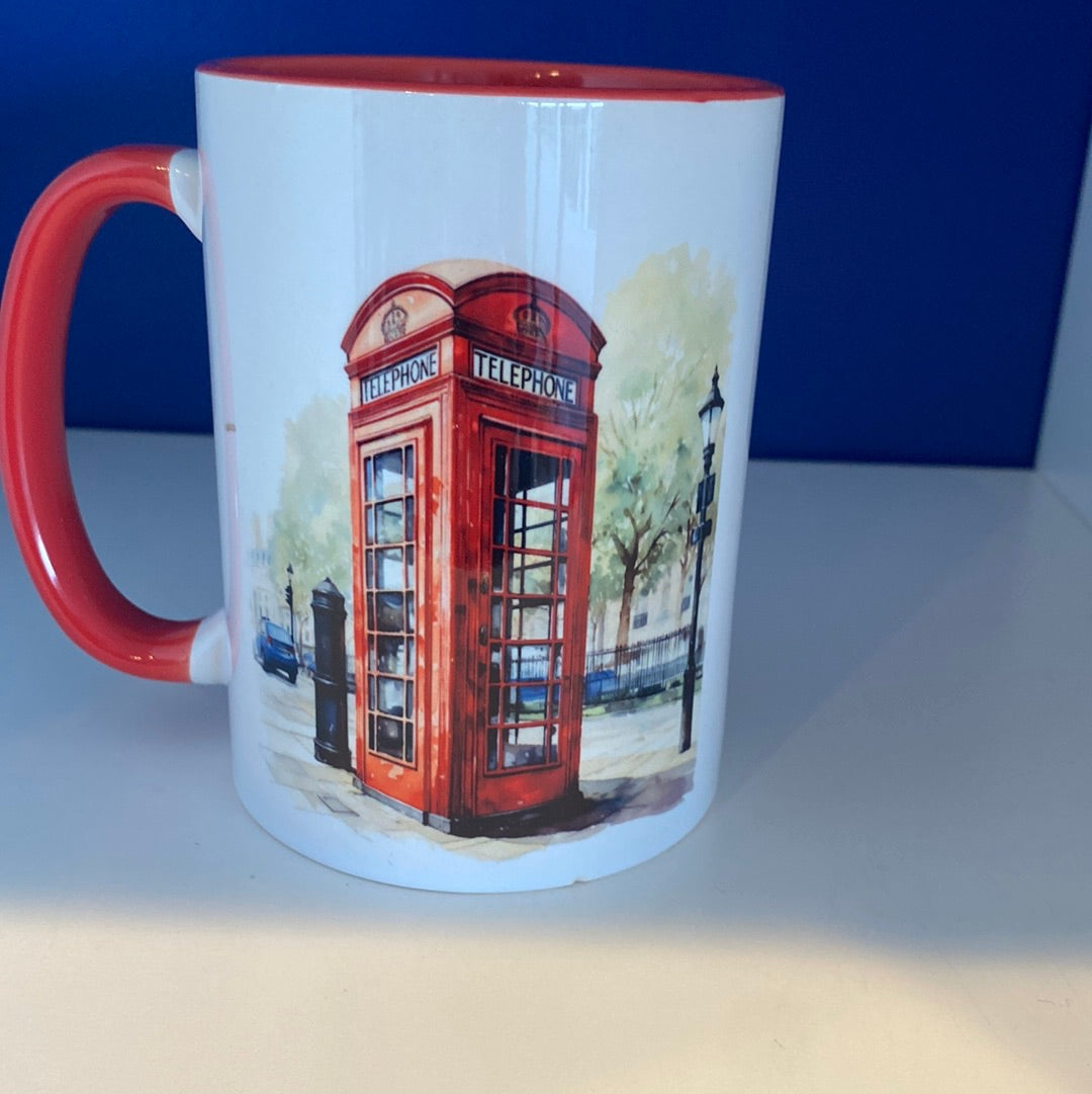Mug 15oz. Custom Made Telephone Box Mug with Lantern (red inner & handle)