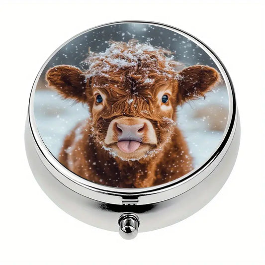 Pill Box - 3-Compartment - Highland Cow Winter Snow Scene Size 2" x 2"