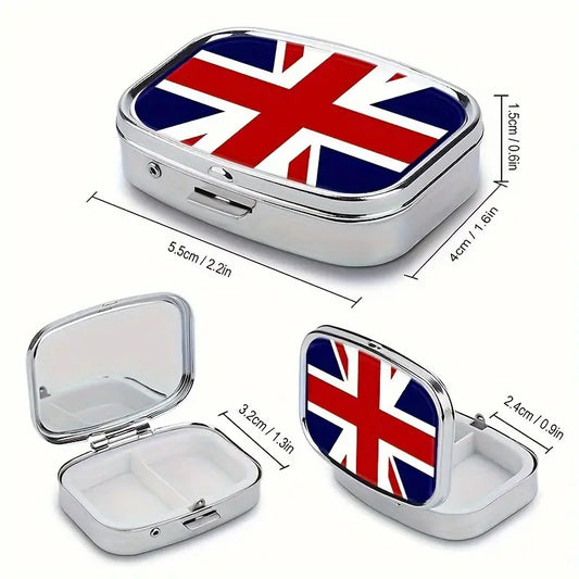 UK Union Jack Flag Square Pill Organizer Box, 1pc 2-Compartment