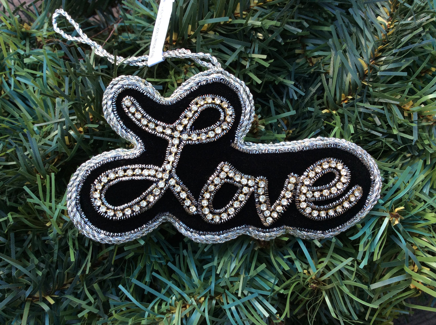 #36 Tinker Tailor Black Velvet with Silver Crystal "Love" Christmas Ornament.