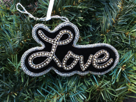 #36 Tinker Tailor Black Velvet with Silver Crystal "Love" Christmas Ornament.
