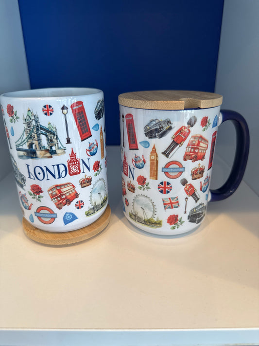 Mug 15oz. Custom Made London Icons (Underground, Taxi, Lampost etc)with wood lid or coaster.