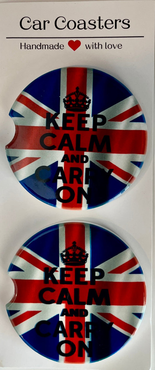 Car Coaster - Union Jack Flag Keep Calm and Carry On - Ceramic, Set of 2
