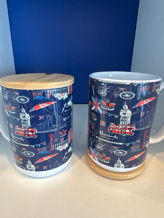 Mug 15oz. Custom Made Navy Background Harrods with London Icons and wood lid or coaster.
