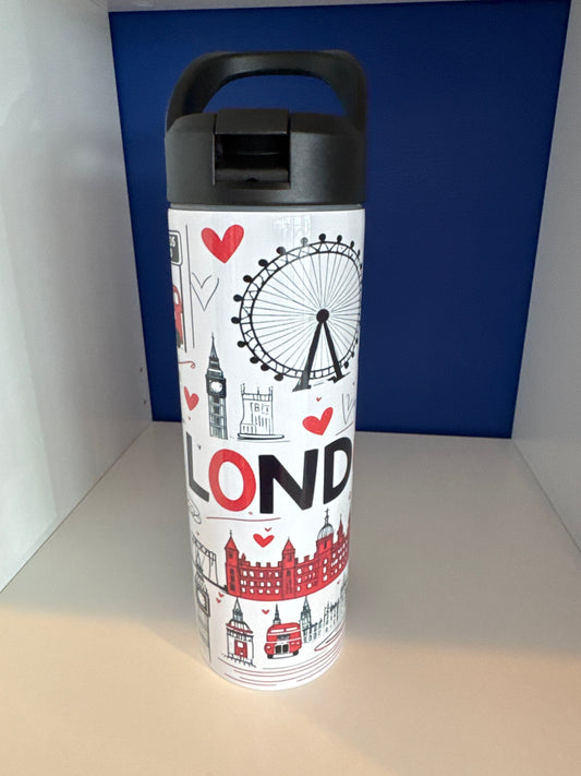 Tumbler 20oz. Custom Made London Icons Palace, London Eye, Telephone Box etc with Fixed Handle & Straw