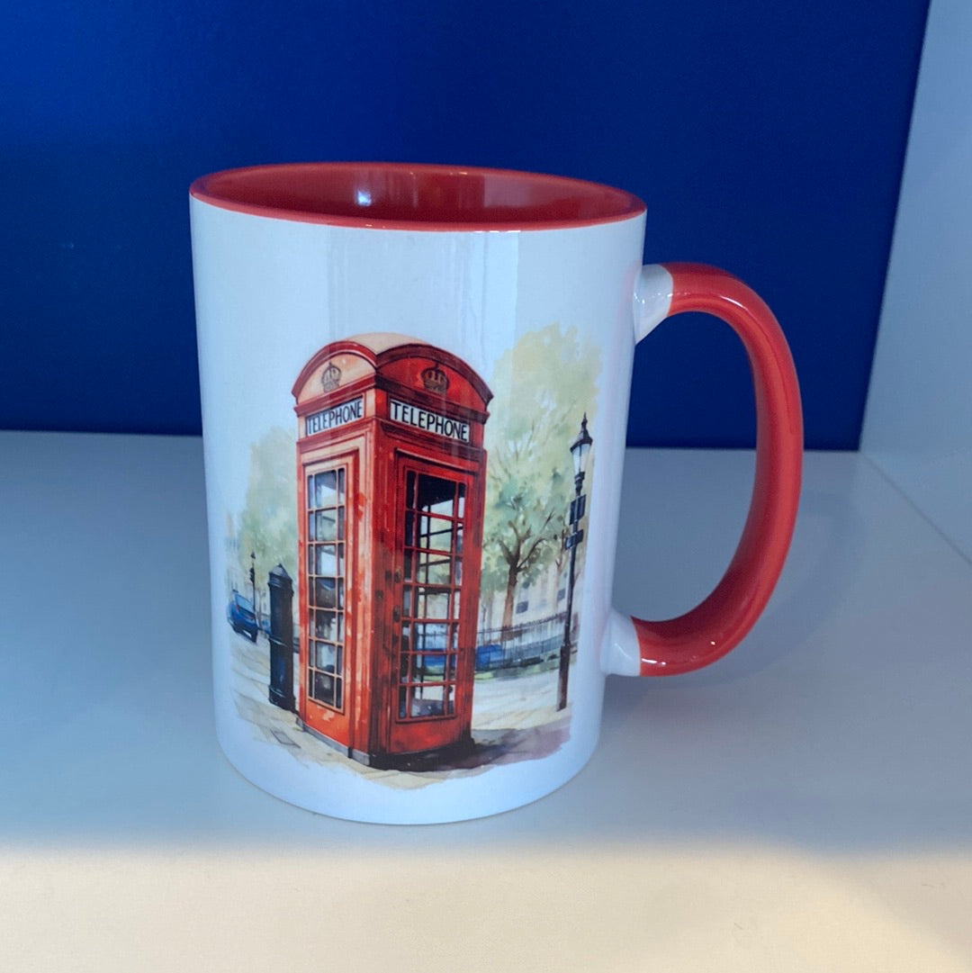 Mug 15oz. Custom Made Telephone Box Mug with Lantern (red inner & handle)