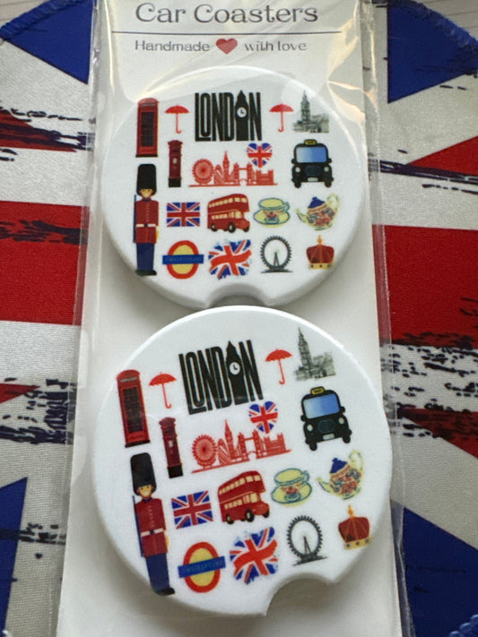 Car Coaster - Custom Made - London- Big Ben, Heart Union Jack, Taxi, etc - Ceramic, Set of 2