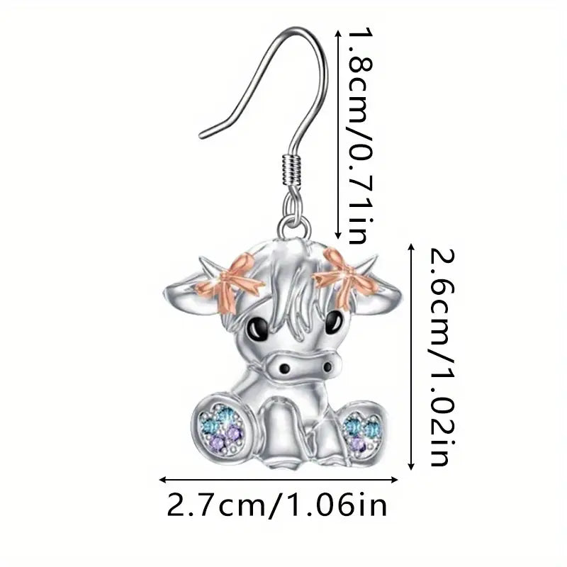 Earrings & Necklace 3 Pcs - Highland Cow Rhinestone Costume Jewelry