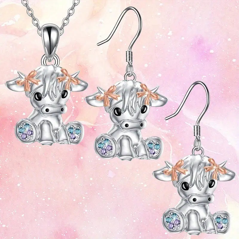Earrings & Necklace 3 Pcs - Highland Cow Rhinestone Costume Jewelry