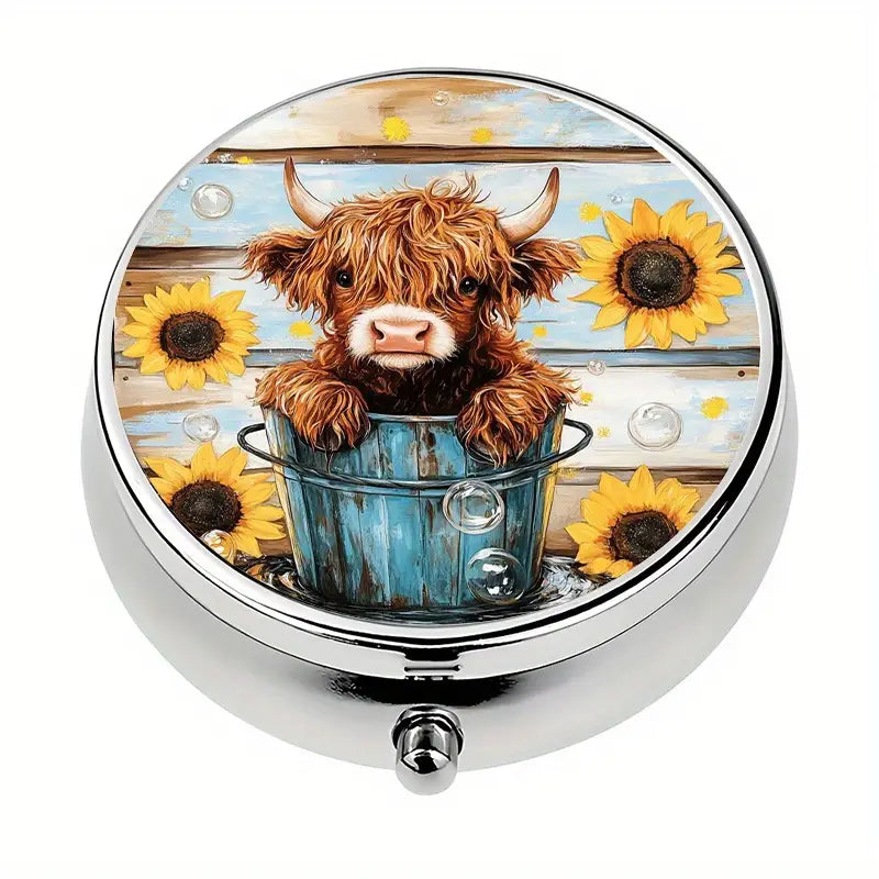 Pill Box - 3-Compartment - Cute Highland Cow & Sunflowers Design Size 2" x 2"