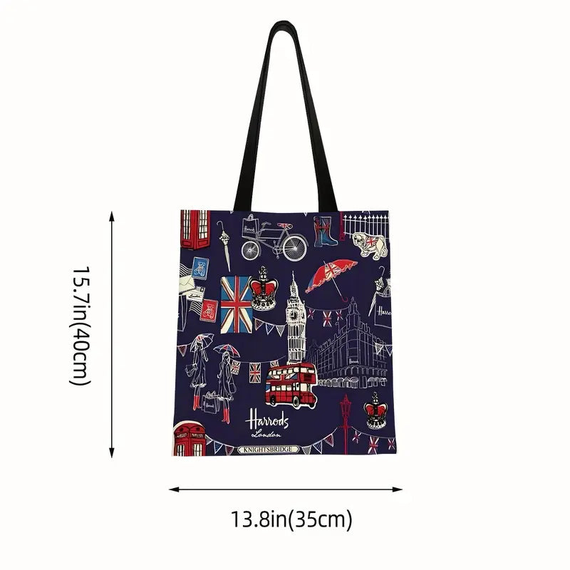Tote Bag - London with Big Ben, Double Decker Bus, Harrods etc Size 15.7" x 13.8"