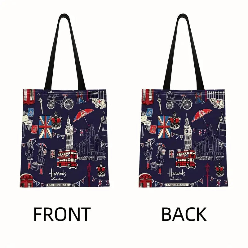 Tote Bag - London with Big Ben, Double Decker Bus, Harrods etc Size 15.7" x 13.8"